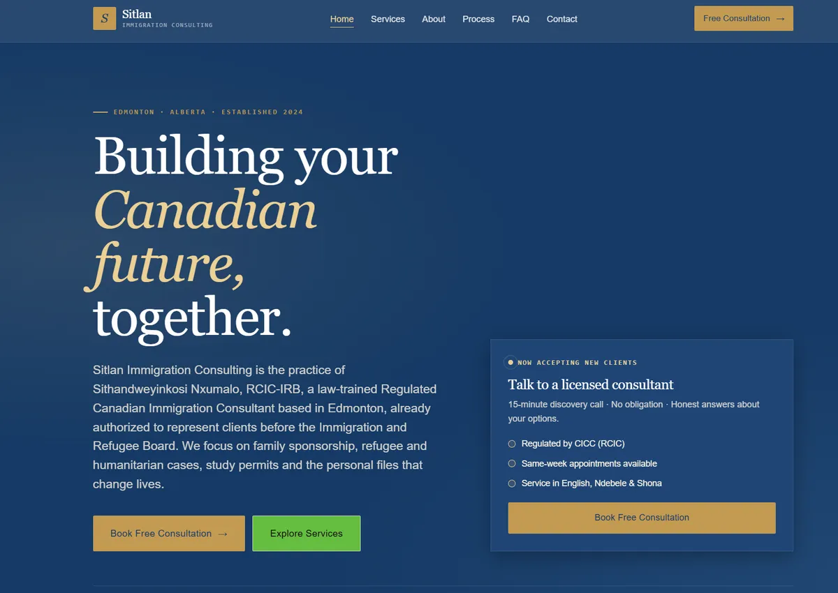 Sitlan Immigration Consulting Edmonton website built by ABaker Digital